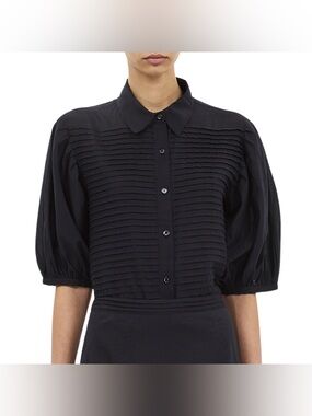 Ulla Johnson Cordelia Black Pintuck Button-Front Blouse
